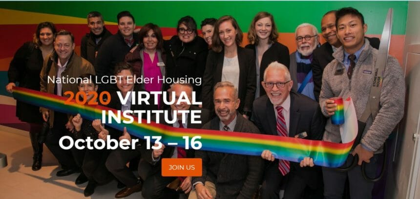 Group holding rainbow ribbon for ribbon cutting