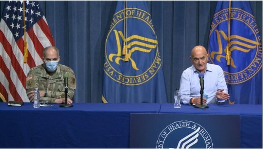 Gen. Gus Perna & Moncef Slaoui at a news conference