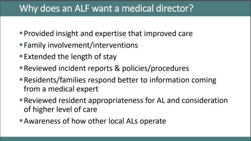 Slide from AMDA presentation on benefits of a medical director in assisted living facilities
