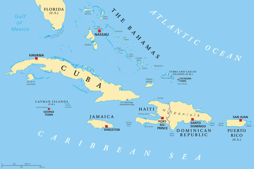 Map showing part of Florida and islands to the south