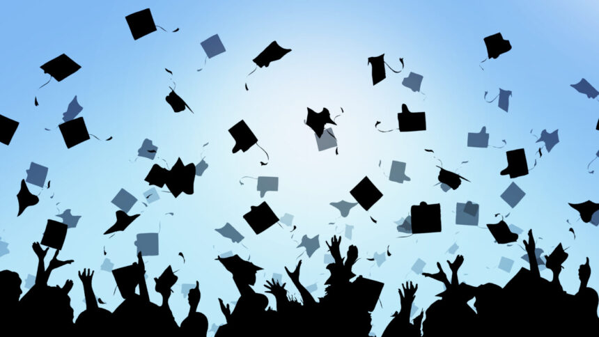 Illustration of graduates throwing caps into the air