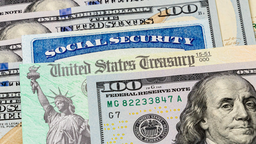 Social Security card, treasury check and 100 dollar bills. Concept of social security benefits payment, retirement and federal government benefits