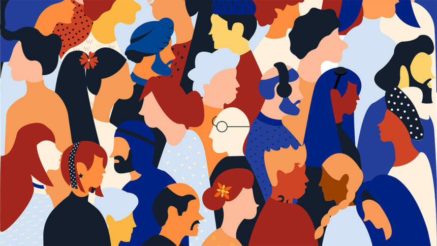 Flat illustration of a crowd containing inclusive and diversifeid people all together without any difference.