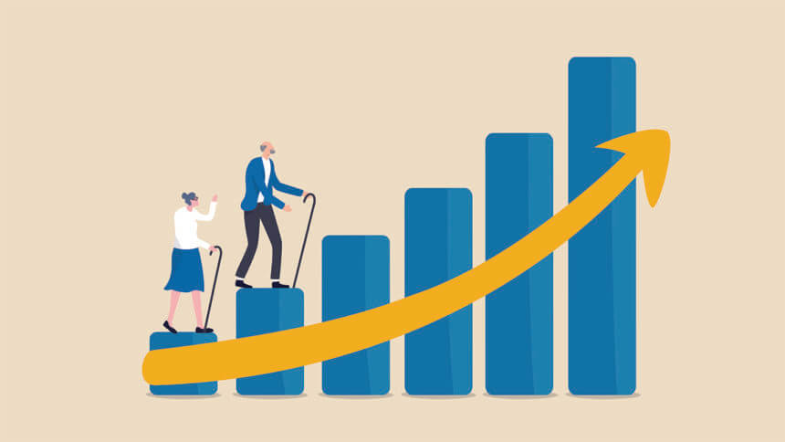 Aging society, world population aging problem, workforce crisis by low birth rate compare to senior elderly or retiree increase, elderly senior couple walk up rising, increasing graph of aged citizen.