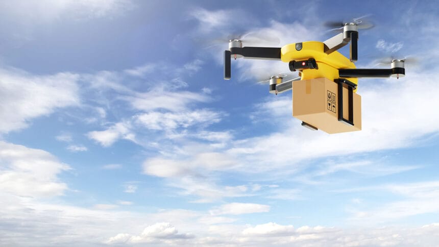 Anonymous flying delivery drone delivery parcel box to customer on the sky. Business technology and industrial concept. 3D illustration rendering