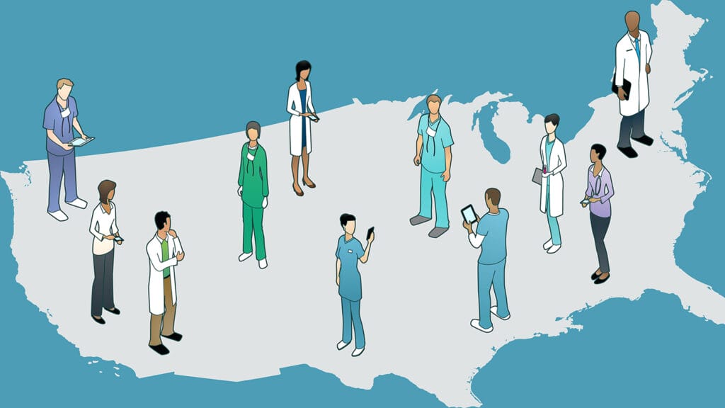 medical professionals standing on a US map