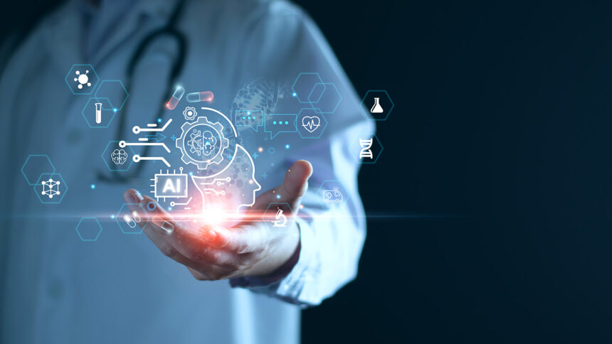 Medical technology, doctor use AI robots for diagnosis, care, and increasing accuracy patient treatment in future. Medical research and development innovation technology to improve patient health.