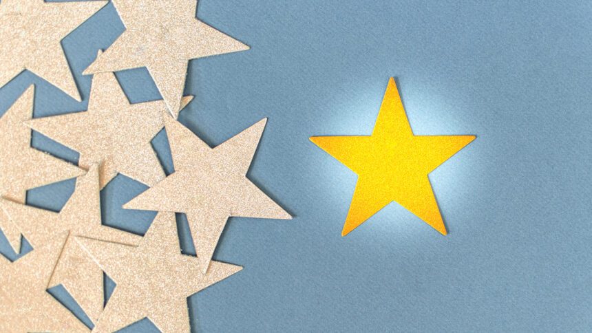 Concept of excellence, gold star, Five gold star, The best excellent business services rating customer experience concept. REVIEW