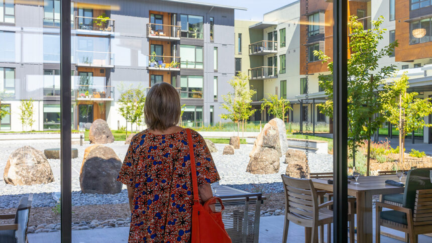 Woman looks out window at building